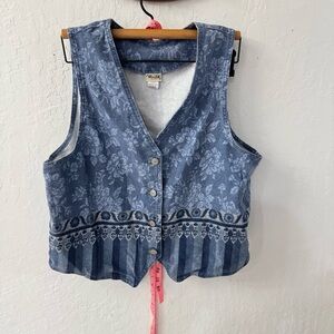 Vintage Vivaldi Denim Vest Boho Cottagecore Chic Floral Large Made in USA